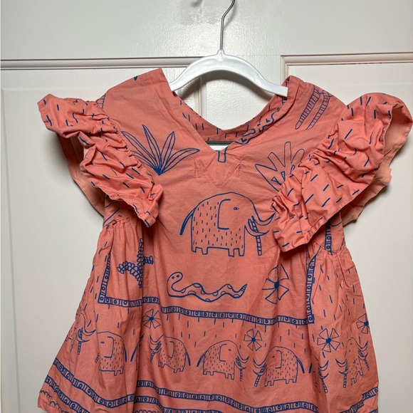 Fabula Other - Coral Elephant Print Ruffle Sleeve Dress